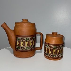 Terracotta southwest or Mexican style hand painted sugar bowl and tea pot